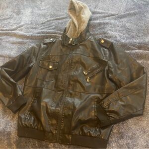 Men’s Faux Leather Jacket with removable hood liner